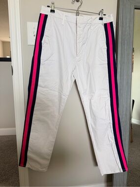 MOTHER White Chino Pants with Hot Pink & Navy Side Stripes
